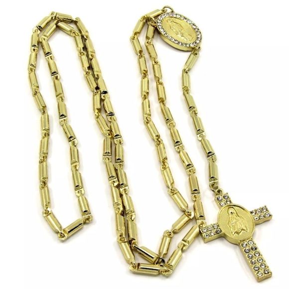 24K Gold Plated Lab Diamond Rosary Necklace Mary - Picture 2 of 4